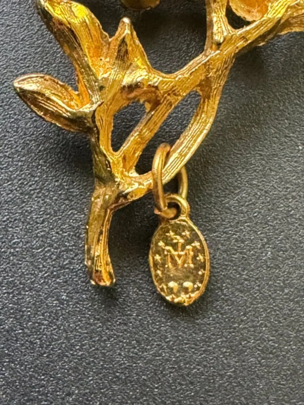 Miraculous Medal Charm Floral Spray Brooch Pink Rhinestone Gold Tone Vintage